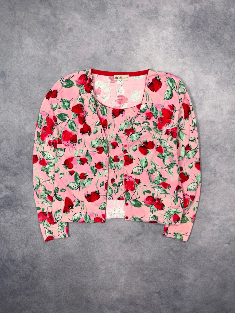 2000s Blumarine Y2K Pink Strawberry Floral Cardigan & Matching Tank Top Set